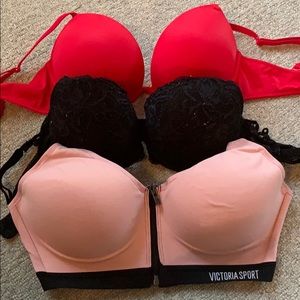 3 Bras 2 pink, 1 Red. Red 32D, Black 34D, pink 34D